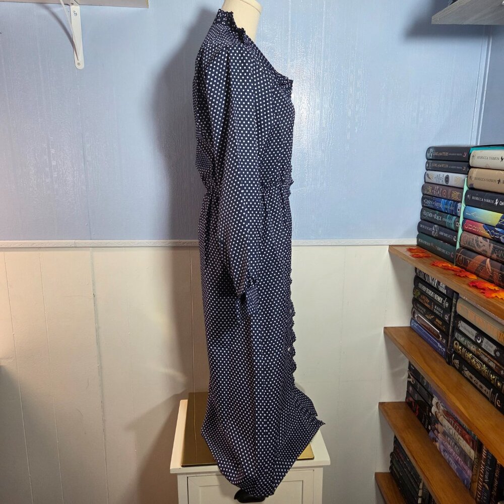Vintage Abe Schrader Size 10 Navy Blue Polka Dot Peal Ruffle Long Dress - Picture 5 of 9